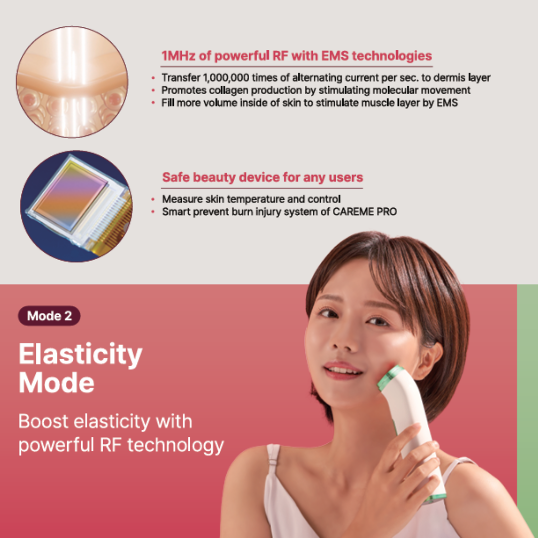 Careme Pro 4 in 1 beauty device_Ultrasonic+RF+EMS+3LED CAREME PRO DEVICE CAREME PRO is an all-in-one beauty device designed to enhance skin glow, elasticity, and facial contour using advanced Ultrasound, RF, EMS, and LED technologies. By stimulating both the dermis and muscle layers, it helps improve overall skin tone, firmness, and definition—right from the comfort of your home. Just 12 minutes a day is all it takes to enjoy your own customized beauty program. Key Features All-in-one device for Glow + Elasticity + Contour Combines Ultrasound, RF, EMS, and 3 LED lights Supports better absorption of skincare products Easy and effective daily home-care solution Safety certified: KC, FCC, CE Treatment Modes Mode 1. Glow Mode Ultrasound + EMS + Blue LED Helps improve skin tone and radiance Enhances absorption of skincare products Uses 3MHz ultrasound and EMS to support skin density and vitality Mode 2. Elastic Mode RF + EMS + Red LED Helps improve skin elasticity and the appearance of fine lines Boosts firmness with powerful RF (Radio Frequency) technology Mode 3. Contour Mode EMS + Green LED Stimulates the muscle layer for contraction and relaxation Helps with facial lifting and contouring using high-powered EMS Product Details Product name : Careme Pro (skincare device) Country of origin : Korea Product size : 40 * 50 * 130 mm (60 * 60* 150mm when combined with charger) Product weight : 210g Product output : Ultrasound 3MHz High Frequency 1MHz EMS 50Hz Battery specification : 2200mAh