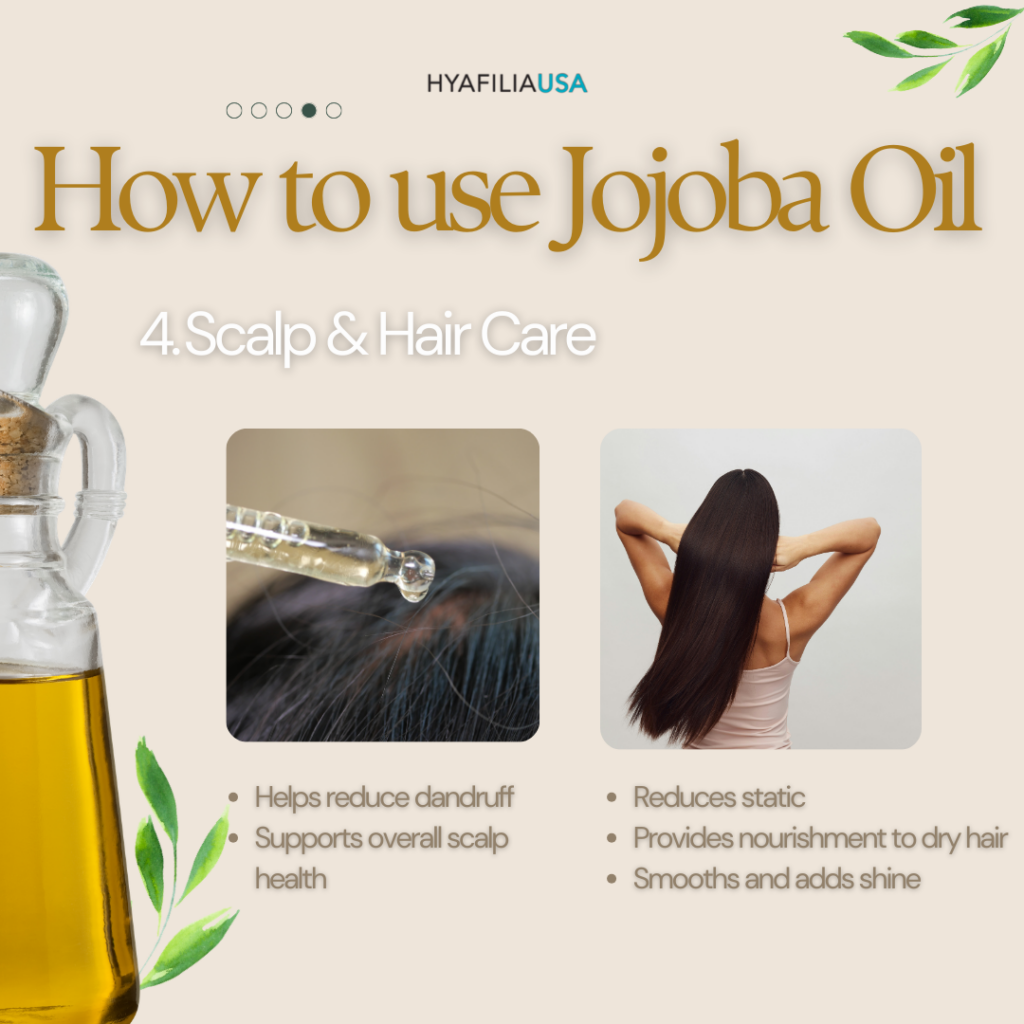 3. Jojoba Oil for Scalp Massage & Nourishment Jojoba oil for scalp care is highly beneficial because it helps dissolve excess buildup while maintaining moisture balance. Regular scalp massage may help: • Improve hydration • Relieve dryness • Reduce visible dandruff • Support overall scalp health Apply directly to the scalp, massage gently, and leave on before shampooing. ________________________________________ 4. Jojoba Oil for Hair Moisture & Damage Care Using jojoba oil for hair helps restore softness without heaviness. Apply a small amount to mid-lengths and ends to: • Smooth dry strands • Increase shine • Reduce static • Provide lightweight nourishment Distribute evenly. Avoid applying too much near the roots. ________________________________________