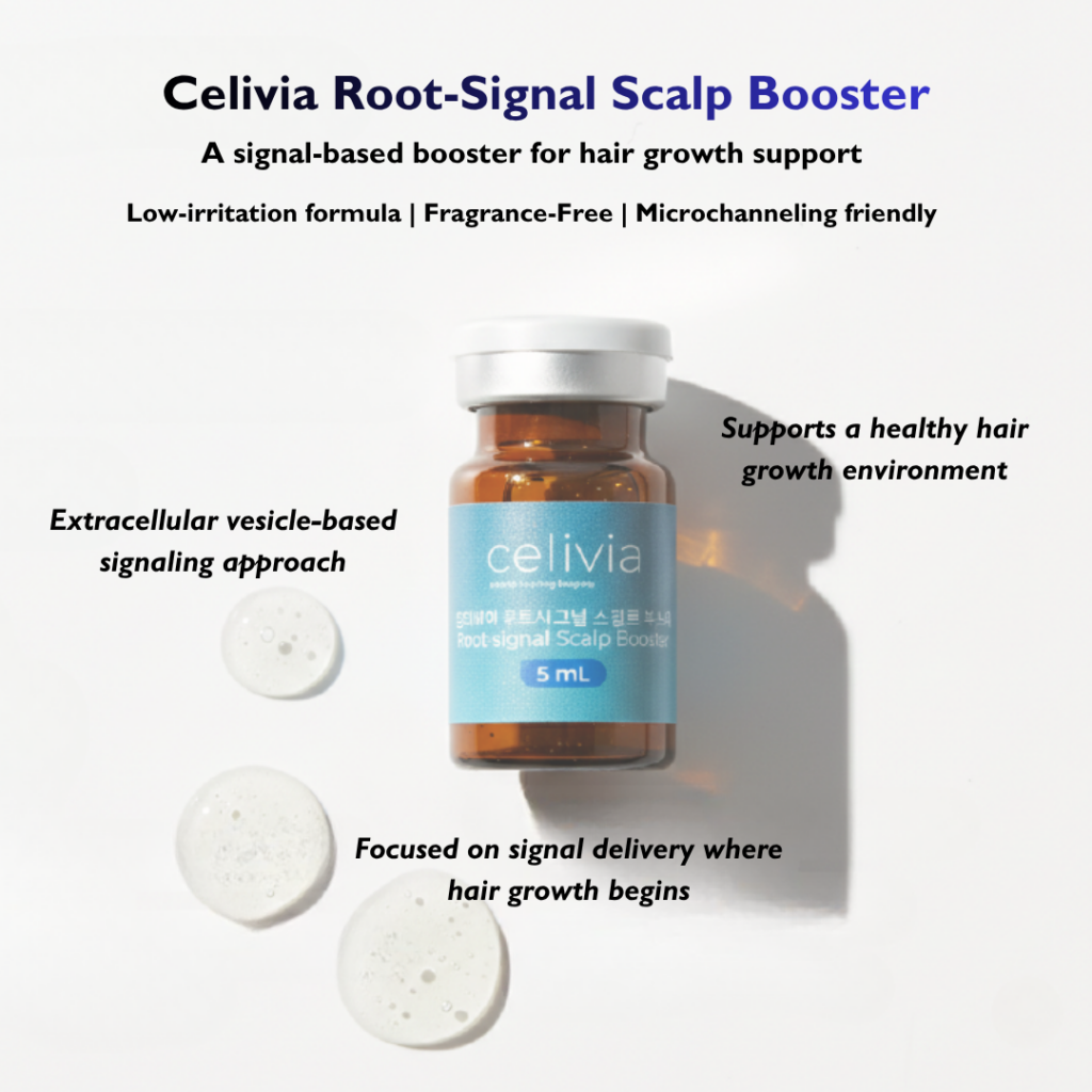 Celivia Root Signal Scalp Booster (5ml * 10vials) A signal-based booster for hair growth support.  Celivia root signal booster is a scalp-focused solution designed to deliver growth-related signals to hair follicles. Low-irritation formula | Fragrance-free | Microchanneling friendly  THE PURE SIGNAL - 90% High-Purity Delivery Contains 90% Leuconostoc-derived Extracellular vesicles (EVs). Maximizes intercellular signaling to precisely deliver active ingredients to target cells. THE ENERGY VITALITY - Root Anchorage & Charge High-concentration blend of Panthenol(1.0%), Caffeine (0.5%), Biotin, and Arginine for immediate scalp vitality CYCLE REBOOT - Growht Phase Extension 8 peptide complex and 2 growth factors actively intervene in the hair cycle to activate growth signals Key functions Extracellular vesicle-based signaling apporach Supports a healthy hair growth environment Focused on signal delivery where hair growth begins Key Ingredients Leuconostoc-derived extracellular vesicles (EVs 90%) - signal delivery Caffein, Biotin, Niacinamide- scalp condition support 8 Peptide complex & growth factors - follicle-related signaling support Beta-glucan & centella extract - scalp calming and protection Ingredients Leuconostoc Extracellular Vesicles, Butylene Glycol, 1,2-Hexanediol, Water, Panthenol, Caffeine, Arginine, Niacinamide, Carbomer, Sodium Hyaluronate, Biotin, Glycerin, Centella Asiatica Leaf Extract, Copper Tripeptide-1, Sodium PCA, Caprylyl Glycol, Potassium Phosphate, Beta-Glucan, Tripeptide-1, Acetyl Hexapeptide-8, Hexapeptide-9, Palmitoyl Pentapeptide-4, Palmitoyl Tetrapeptide-7, Palmitoyl Tripeptide-1, Nonapeptide-1, Disodium Phosphate, Sodium Chloride, sh-Oligopeptide-1, Nonapeptide-29, Methionyl sh-Polypeptide-3, Decapeptide-40, Potassium Chloride