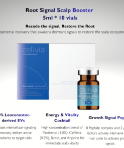 Celivia Root Signal Scalp Booster (5ml * 10vials) A signal-based booster for hair growth support.  Celivia root signal booster is a scalp-focused solution designed to deliver growth-related signals to hair follicles. Low-irritation formula | Fragrance-free | Microchanneling friendly  THE PURE SIGNAL - 90% High-Purity Delivery Contains 90% Leuconostoc-derived Extracellular vesicles (EVs). Maximizes intercellular signaling to precisely deliver active ingredients to target cells. THE ENERGY VITALITY - Root Anchorage & Charge High-concentration blend of Panthenol(1.0%), Caffeine (0.5%), Biotin, and Arginine for immediate scalp vitality CYCLE REBOOT - Growht Phase Extension 8 peptide complex and 2 growth factors actively intervene in the hair cycle to activate growth signals Key functions Extracellular vesicle-based signaling apporach Supports a healthy hair growth environment Focused on signal delivery where hair growth begins Key Ingredients Leuconostoc-derived extracellular vesicles (EVs 90%) - signal delivery Caffein, Biotin, Niacinamide- scalp condition support 8 Peptide complex & growth factors - follicle-related signaling support Beta-glucan & centella extract - scalp calming and protection Ingredients Leuconostoc Extracellular Vesicles, Butylene Glycol, 1,2-Hexanediol, Water, Panthenol, Caffeine, Arginine, Niacinamide, Carbomer, Sodium Hyaluronate, Biotin, Glycerin, Centella Asiatica Leaf Extract, Copper Tripeptide-1, Sodium PCA, Caprylyl Glycol, Potassium Phosphate, Beta-Glucan, Tripeptide-1, Acetyl Hexapeptide-8, Hexapeptide-9, Palmitoyl Pentapeptide-4, Palmitoyl Tetrapeptide-7, Palmitoyl Tripeptide-1, Nonapeptide-1, Disodium Phosphate, Sodium Chloride, sh-Oligopeptide-1, Nonapeptide-29, Methionyl sh-Polypeptide-3, Decapeptide-40, Potassium Chloride