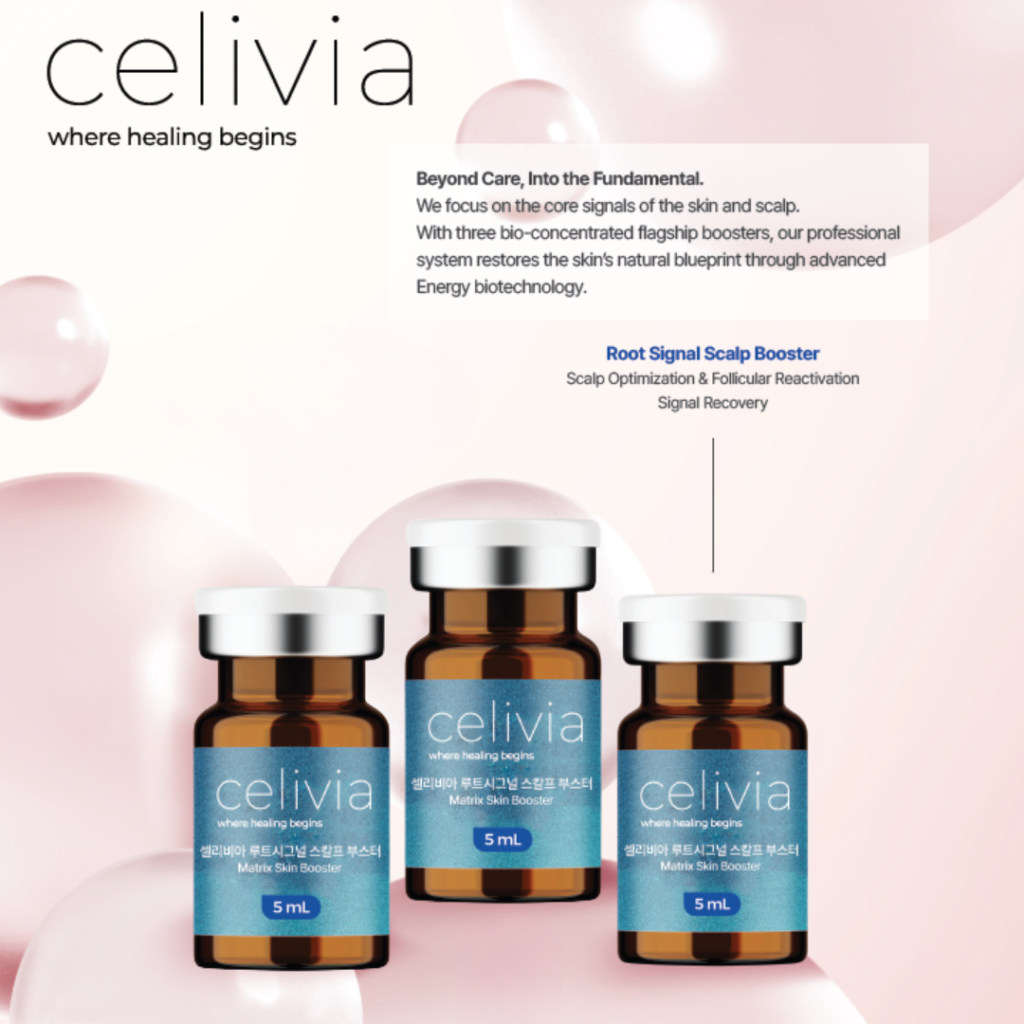 Celivia Root Signal Scalp Booster (5ml * 10vials) A signal-based booster for hair growth support.  Celivia root signal booster is a scalp-focused solution designed to deliver growth-related signals to hair follicles. Low-irritation formula | Fragrance-free | Microchanneling friendly  THE PURE SIGNAL - 90% High-Purity Delivery Contains 90% Leuconostoc-derived Extracellular vesicles (EVs). Maximizes intercellular signaling to precisely deliver active ingredients to target cells. THE ENERGY VITALITY - Root Anchorage & Charge High-concentration blend of Panthenol(1.0%), Caffeine (0.5%), Biotin, and Arginine for immediate scalp vitality CYCLE REBOOT - Growht Phase Extension 8 peptide complex and 2 growth factors actively intervene in the hair cycle to activate growth signals Key functions Extracellular vesicle-based signaling apporach Supports a healthy hair growth environment Focused on signal delivery where hair growth begins Key Ingredients Leuconostoc-derived extracellular vesicles (EVs 90%) - signal delivery Caffein, Biotin, Niacinamide- scalp condition support 8 Peptide complex & growth factors - follicle-related signaling support Beta-glucan & centella extract - scalp calming and protection Ingredients Leuconostoc Extracellular Vesicles, Butylene Glycol, 1,2-Hexanediol, Water, Panthenol, Caffeine, Arginine, Niacinamide, Carbomer, Sodium Hyaluronate, Biotin, Glycerin, Centella Asiatica Leaf Extract, Copper Tripeptide-1, Sodium PCA, Caprylyl Glycol, Potassium Phosphate, Beta-Glucan, Tripeptide-1, Acetyl Hexapeptide-8, Hexapeptide-9, Palmitoyl Pentapeptide-4, Palmitoyl Tetrapeptide-7, Palmitoyl Tripeptide-1, Nonapeptide-1, Disodium Phosphate, Sodium Chloride, sh-Oligopeptide-1, Nonapeptide-29, Methionyl sh-Polypeptide-3, Decapeptide-40, Potassium Chloride