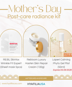 Mother's Day Sale_Rebloom Radiance Kit Login to see special pricing Post-care radiance kit! Glow & Repair Re:BL Skintox Wrinkle Fit Expert (5 Sheet Masks) Rebloom Luxury Skin Repair Cream (100g) Laperi Calming Phyto Gel Mist (50ml) – FREE (Expires 05/26/2026) A perfect combination of brightening and lifting sheet masks paired with a soothing, skin-repair cream that helps strengthen the skin barrier—all in one set. Plus, enjoy a FREE calming phyto gel mist for an extra boost of hydration and soothing care. Ideal for post-treatment calming care or daily home skincare routines. How to Use Spray the Laperi mist during the toner step or use it throughout the day whenever your skin needs hydration and soothing. In the evening, apply the Skintox Wrinkle Fit sheet mask for firming and brightening care. Finish with the Repair Cream to complete your nighttime skincare routine.
