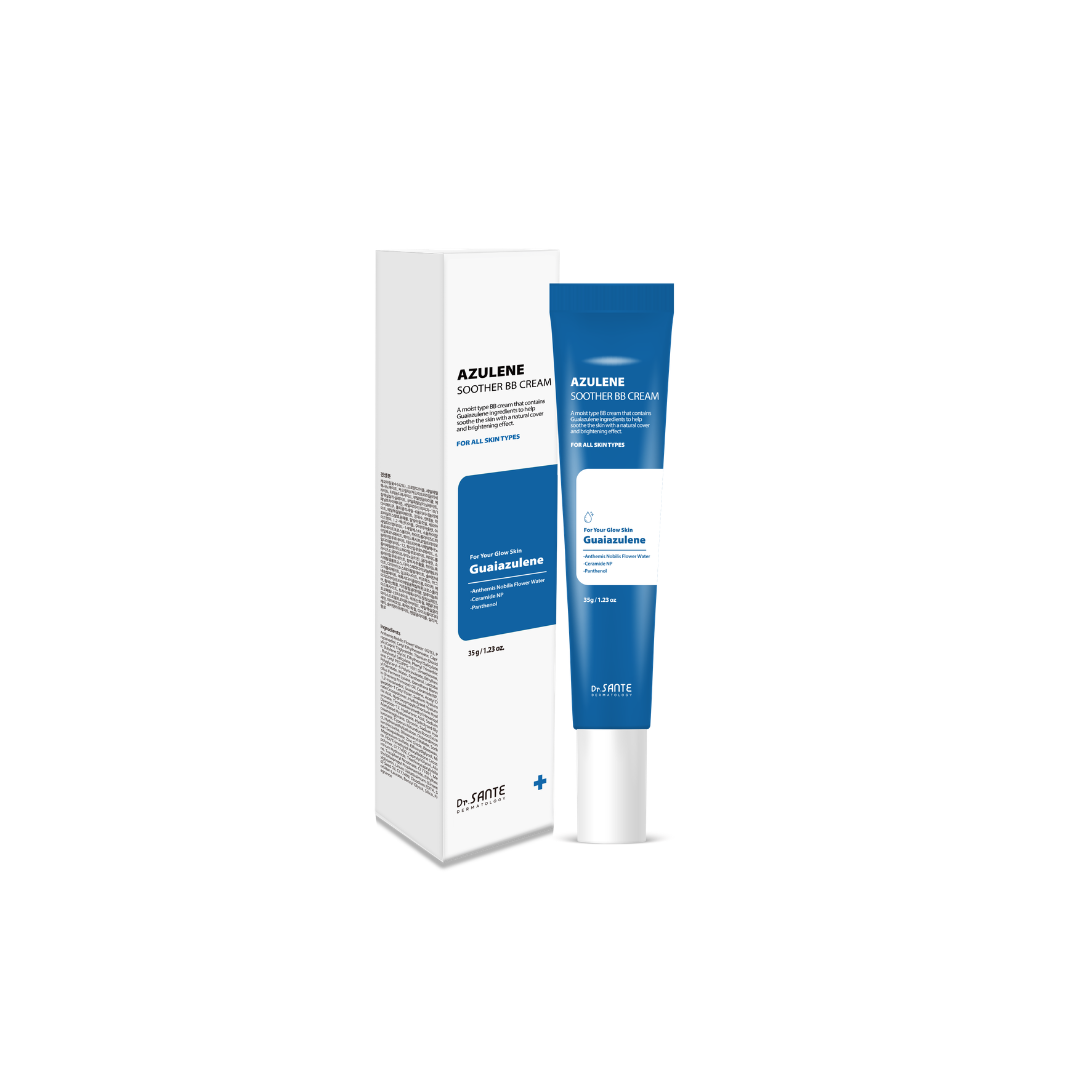 Dr.Sante Azulene Soother BB Cream (35g) For moist skin texture and ultra-adherent coverage Key ingredients *Chamomile flower water & Guaiazulene *Hyaluronic Acid *Ceramide NP *Panthenol Dr.Sante Azulene Soother BB Cream is Recommended for skin requiring recovery after aesthetic or dermatological procedures Dry skin that struggles to retain moisture despite skincare use Those who prefer a healthy glow over artificial shine Those seeking a natural, skin-like finish Sensitive skin in need of calming care Dr.Sante Azulene Soother BB Cream Ingredients : Water, Propanediol, Cetyl Ethylhexanoate, Caprylic/Capric Triglyceride, Titanium dioxide, Butylene Glycol, Ethylhexyl Salicylate, Butyloctyl Salicylate, Phenyl Trimethicone, Cetyl PEG/PPG-10/1 Dimethicone, Polyglyceryl-6 Polyricinoleate, Ethylhexyl Palmitate, 1,2-Hexanediol, Disteardimonium Hectorite, Diisostearyl Malate, Sorbitan Sesquioleate, Zinc oxide, Magnesium Sulfate, Beeswax, Ethoxydiglycol, Panthenol, Lactobacillus Ferment Lysate, Oenothera Biennis (Evening Primrose) Oil, Fragrance, Cyperus Rotundus Root Extract, Mica, HDI/Trimethylol Hexyllactone Crosspolymer, Iron Oxide Yellow (CI 77492), Caprylyl Glycol, Aluminum Hydroxide, Triethoxycaprylylsilane, Tocopheryl Nicotinate, Iron Oxide Red (CI 77491), Ethylhexylglycerin, Methyl Diisopropyl Propionamide, Anthemis Nobilis Flower Water, Linum Usitatissimum (Linseed) Seed Oil, Iron Oxide Black (CI 77499), Disodium EDTA, Sorbitan Laurate, Benzyl Glycol, Silica, Hydrolyzed Glycosaminoglycans, Glycerin, Sodium Hyaluronate, Guaiazulene, Hydroxyethylcellulose, Acetyl Dipeptide-1 Cetyl Ester, Sodium Hyaluronate Crosspolymer, Hydrolyzed Hyaluronic Acid, Hydroxypropyltrimonium Hyaluronate, Ceramide NP, Tetracarboxymethyl Hexanoyl Dipeptide-12, Hyaluronic Acid, Sodium Acetylated Hyaluronate