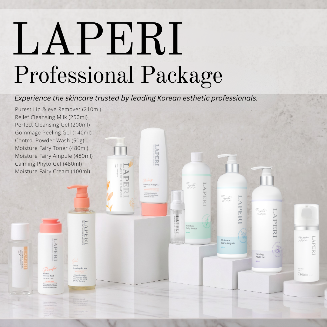Laperi Professional Package (9 items+ free bubble toner bottle) Login to professional account to see special pricing Laperi is a Korean professional aesthetic skincare inspired by nature. Korea's no.1 small-face aesthetic franchise shops are using Laperi under strict standards and expertise of professional estheeticians. Laperi aims to enhance customer's skin healthier while building trust. Laperi's value lies in helping transform life itself-making it healthier, brighter, and more radiant. Experience the skincare trusted by leading Korean esthetic professionals. Laperi Professional Package (9 items+ free bubble toner bottle) brings together essential back-bar sizes designed for daily facial treatments, making it easy to introduce LAPERI into your treatment room. ✔ Trusted by professional esthetic clinics in Korea ✔ Used by leading esthetic franchises ✔ Professional back-bar sizes ✔ Exclusive package pricing What is included? 1 Purest Lip & eye Remover (210ml) 2..Relief Cleansing Milk (250ml) 3. Perfect Cleansing Gel (200ml) 4. Gommage Peeling Gel (140ml) 5. Control Powder Wash (50g) 6. Moisture Fairy Toner (480ml) + Free Bubble Toner Bottle 7. Moisture Fairy Ampule (480ml) 8. Calming Phyto Gel (480ml) 9. Moisture Fairy Cream (100ml)