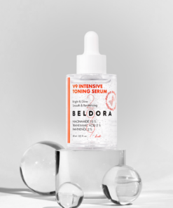 Beldora V9 Intensive Toning Serum (30ml) A high-performance brightening serum formulated with 10% Niacinamide and Tranexamic Acid to visibly improve dark spots, uneven skin tone, and dullness while delivering lasting hydration. Beldora V9 Intensive Toning Serum provides skin brightening and clearing benefits. Leaves the skin moisturized and smooth. Beldora V9 Intensive Toning Serum Key Ingredients 10% Niacinamide A high-concentration brightening ingredient that helps visibly improve uneven skin tone by reducing melanin transfer. It promotes a clearer, more radiant complexion while strengthening the skin barrier. 2% Tranexamic Acid Helps visibly reduce the appearance of dark spots, melasma, and hyperpigmentation by minimizing the factors that contribute to excess melanin production. Gentle enough for daily use, even on sensitive skin. 2% Panthenol Pro-Vitamin B5 deeply hydrates the skin while reinforcing the moisture barrier, helping maintain long-lasting hydration and a healthy, supple complexion. Glutathione A potent antioxidant that helps defend the skin against free radical damage, supports a brighter, more even skin tone, and promotes firmer, healthier-looking skin. Complete Your V9 Brightening Routine V9 Intensive Toning Serum Daily Brightening Care with 10% Niacinamide Helps improve the appearance of dark spots, uneven skin tone, and dullness while providing lasting hydration. Vitamin C20 Serum High-Potency Pure Vitamin C Night Care Formulated with concentrated pure Vitamin C to help improve skin radiance and promote a smoother, more even-looking complexion overnight. V9 Progen Activator Brightening, Firming & Anti-Wrinkle Care A multi-benefit formula enriched with vitamins and adenosine to help brighten, firm, and improve the appearance of fine lines. V9 Glow Sunscreen Brightening + Anti-Wrinkle + UV Protection A multifunctional sunscreen that provides broad-spectrum UV protection while helping improve skin radiance and the appearance of fine lines. Beldora V9 Intensive Toning Serum Ingredients Water, Niacinamide, Glycerin, Isopentyldiol, 1,2-Hexanediol, Panthenol, Tranexamic Acid, 2,3-Butanediol, Mannitol, Microcrystalline, Cellulose, Glyceryl Glucoside, Acrylates/C10-0 Alkyl Acrylate Crosspolymer, Tromethamine, Ethylhexylglycerin, Hydrolyzed Sclerotium Gum, Zea Mays (Corn) Starch, Disodium EDTA, Titanium Dioxide, Glucose, Biosaccharide Gum-1, Sodium Levulinate, Glyceryl Caprylate, p-Anisic Acid, Citric Acid, Sodium Citrate, Glutathione