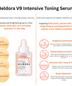 Beldora V9 Intensive Toning Serum (30ml) A high-performance brightening serum formulated with 10% Niacinamide and Tranexamic Acid to visibly improve dark spots, uneven skin tone, and dullness while delivering lasting hydration. Beldora V9 Intensive Toning Serum provides skin brightening and clearing benefits. Leaves the skin moisturized and smooth. Beldora V9 Intensive Toning Serum Key Ingredients 10% Niacinamide A high-concentration brightening ingredient that helps visibly improve uneven skin tone by reducing melanin transfer. It promotes a clearer, more radiant complexion while strengthening the skin barrier. 2% Tranexamic Acid Helps visibly reduce the appearance of dark spots, melasma, and hyperpigmentation by minimizing the factors that contribute to excess melanin production. Gentle enough for daily use, even on sensitive skin. 2% Panthenol Pro-Vitamin B5 deeply hydrates the skin while reinforcing the moisture barrier, helping maintain long-lasting hydration and a healthy, supple complexion. Glutathione A potent antioxidant that helps defend the skin against free radical damage, supports a brighter, more even skin tone, and promotes firmer, healthier-looking skin. Complete Your V9 Brightening Routine V9 Intensive Toning Serum Daily Brightening Care with 10% Niacinamide Helps improve the appearance of dark spots, uneven skin tone, and dullness while providing lasting hydration. Vitamin C20 Serum High-Potency Pure Vitamin C Night Care Formulated with concentrated pure Vitamin C to help improve skin radiance and promote a smoother, more even-looking complexion overnight. V9 Progen Activator Brightening, Firming & Anti-Wrinkle Care A multi-benefit formula enriched with vitamins and adenosine to help brighten, firm, and improve the appearance of fine lines. V9 Glow Sunscreen Brightening + Anti-Wrinkle + UV Protection A multifunctional sunscreen that provides broad-spectrum UV protection while helping improve skin radiance and the appearance of fine lines. Beldora V9 Intensive Toning Serum Ingredients Water, Niacinamide, Glycerin, Isopentyldiol, 1,2-Hexanediol, Panthenol, Tranexamic Acid, 2,3-Butanediol, Mannitol, Microcrystalline, Cellulose, Glyceryl Glucoside, Acrylates/C10-0 Alkyl Acrylate Crosspolymer, Tromethamine, Ethylhexylglycerin, Hydrolyzed Sclerotium Gum, Zea Mays (Corn) Starch, Disodium EDTA, Titanium Dioxide, Glucose, Biosaccharide Gum-1, Sodium Levulinate, Glyceryl Caprylate, p-Anisic Acid, Citric Acid, Sodium Citrate, Glutathione