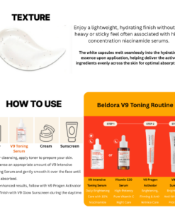 Beldora V9 Intensive Toning Serum (30ml) A high-performance brightening serum formulated with 10% Niacinamide and Tranexamic Acid to visibly improve dark spots, uneven skin tone, and dullness while delivering lasting hydration. Beldora V9 Intensive Toning Serum provides skin brightening and clearing benefits. Leaves the skin moisturized and smooth. Beldora V9 Intensive Toning Serum Key Ingredients 10% Niacinamide A high-concentration brightening ingredient that helps visibly improve uneven skin tone by reducing melanin transfer. It promotes a clearer, more radiant complexion while strengthening the skin barrier. 2% Tranexamic Acid Helps visibly reduce the appearance of dark spots, melasma, and hyperpigmentation by minimizing the factors that contribute to excess melanin production. Gentle enough for daily use, even on sensitive skin. 2% Panthenol Pro-Vitamin B5 deeply hydrates the skin while reinforcing the moisture barrier, helping maintain long-lasting hydration and a healthy, supple complexion. Glutathione A potent antioxidant that helps defend the skin against free radical damage, supports a brighter, more even skin tone, and promotes firmer, healthier-looking skin. Complete Your V9 Brightening Routine V9 Intensive Toning Serum Daily Brightening Care with 10% Niacinamide Helps improve the appearance of dark spots, uneven skin tone, and dullness while providing lasting hydration. Vitamin C20 Serum High-Potency Pure Vitamin C Night Care Formulated with concentrated pure Vitamin C to help improve skin radiance and promote a smoother, more even-looking complexion overnight. V9 Progen Activator Brightening, Firming & Anti-Wrinkle Care A multi-benefit formula enriched with vitamins and adenosine to help brighten, firm, and improve the appearance of fine lines. V9 Glow Sunscreen Brightening + Anti-Wrinkle + UV Protection A multifunctional sunscreen that provides broad-spectrum UV protection while helping improve skin radiance and the appearance of fine lines. Beldora V9 Intensive Toning Serum Ingredients Water, Niacinamide, Glycerin, Isopentyldiol, 1,2-Hexanediol, Panthenol, Tranexamic Acid, 2,3-Butanediol, Mannitol, Microcrystalline, Cellulose, Glyceryl Glucoside, Acrylates/C10-0 Alkyl Acrylate Crosspolymer, Tromethamine, Ethylhexylglycerin, Hydrolyzed Sclerotium Gum, Zea Mays (Corn) Starch, Disodium EDTA, Titanium Dioxide, Glucose, Biosaccharide Gum-1, Sodium Levulinate, Glyceryl Caprylate, p-Anisic Acid, Citric Acid, Sodium Citrate, Glutathione