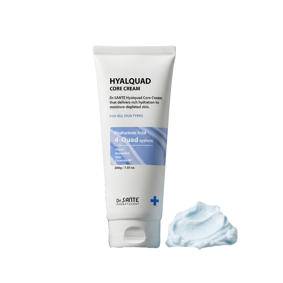 Dr.Sante Hyalquad Core Cream 200g Login to see professional pricing Dr. Sante Hyalquad Core Cream is a deeply nourishing moisturizer that strengthens the skin’s moisture core with an advanced dual-moisture barrier. It helps prevent moisture loss while sealing in long-lasting hydration, leaving the skin soft, smooth, and comfortably supple. Product Features Provides a dual-moisture coating to lock in hydration and minimize water loss. Delivers rich, non-drying moisture with TE HA Complex and eight types of hyaluronic acid. Contains Sacran to form a natural protective film on the skin. Infused with NAD+ and Resveratrol to help revitalize tired-looking skin and restore a healthy glow. Enhanced with Ceramide NP for up to 100 hours of lasting hydration. Key Ingredients TE HA Complex, Sacran, Resveratrol, NAD+, Ceramide NP, Squalane, Shea Butter, and 8 Types of Hyaluronic Acid. How to use Dr.Sante Hyalquad Core Cream After cleansing, refine your skin texture with toner & ampoule to create a moisture base Take an appropriate amount, gently spread it along the skin texture, and let it absorb. TIp On areas where you feel dryness, layer a small amount 2-3 times along the skin texture to form an even more reliable moisturizing barrier Dr.Sante Hyalquad Core Cream Ingredients Water, Butylene Glycol, Caprylic/Capric Triglyceride, Glycerin, Glycereth-26, Hydrogenated Polyisobutene, Cetearyl Olivate, Sorbitan Olivate, Dimethicone, Synthetic Wax, Cetearyl Glucoside, Squalane, Butyrospermum Parkii (Shea) Butter, Phenyl Trimethicone, Xylitylglucoside, Anhydroxylitol, Xylitol, Glucose, Ceramide NP, Rosa Damascena Flower Water, Nicotinamide Adenine Dinucleotide, Resveratrol, Aphanothece Sacrum Polysaccharides, Hydrolyzed Vegetable Protein, Kluyveromyces Extract, Lactobacillus Ferment Lysate, Saccharomyces Ferment Lysate Filtrate, Camellia Japonica Flower Extract, Camellia Japonica Seed Extract, Camellia Japonica Seed Oil, Paeonia Lactiflora Extract, Sodium Hyaluronate, Hydroxypropyltrimonium Hyaluronate, Sodium Acetylated Hyaluronate, Hydrolyzed Hyaluronic Acid, Sodium Hyaluronate Crosspolymer, Hydrolyzed Sodium Hyaluronate, Hyaluronic Acid, Potassium Hyaluronate, Gardenia Florida Fruit Extract, Coccinia Indica Fruit Extract, Melissa Officinalis Leaf Extract, Polyglyceryl-2 Isostearate/Dimer Dilinoleate Copolymer, Acrylates/C10-30 Alkyl Acrylate Crosspolymer, Methylpropanediol, Coco-Caprylate/Caprate, Cetearyl Alcohol, Glyceryl Stearate, Arginine, Xanthan Gum, Microcrystalline Wax, Caprylyl Glycol, Pentylene Glycol, Caprylhydroxamic Acid, 1,2-Hexanediol, Maltodextrin, Ethylhexylglycerin, Disodium EDTA, Fragrance.