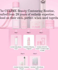CCLIME Coreset Lift & Bounce Ampoule (50ml) A lifting ampoule that restores hydration, firmness, and a beautifully sculpted bounce to tired, sagging skin. Key Benefits Firming, Revitalizing & Hydrating Formula Exclusive Skin-Firming Ingredient – Coreset Active™ 3-Step Enhanced Delivery System – Skin Modulation Tech™ Features 1. 3D Pink Firming Capsules Visible pink Vitamin E microcapsules are suspended throughout the ampoule, delivering both a luxurious appearance and targeted skin care benefits. 2. Smooth-Melting Texture The lightweight formula blends seamlessly as you gently massage it into the skin, allowing the capsules to melt effortlessly upon application. 3. Radiant, Firm-Looking Finish Leaves skin deeply hydrated, smooth, and visibly firmer with a healthy, youthful glow. CCLIME Coreset Lift & Bounce Ampoule Ingredients : WATER, BUTYLENE GLYCOL, PROPANEDIOL, GLYCERIN, NIACINAMIDE, 1,2-HEXANEDIOL, PENTYLENE GLYCOL, MANNITOL, SODIUM POLYACRYLOYLDIMETHYL TAURATE, OCTYLDODECETH-16, MICROCRYSTALLINE CELLULOSE, SUCROSE, CAFFEINE, ZEA MAYS (CORN) STARCH, ETHYLHEXYLGLYCERIN, ADENOSINE, DISODIUM EDTA, IRON OXIDES(CI 77491), HYDROXYPROPYL METHYLCELLULOSE, GLYCERYL POLYMETHACRYLATE, SODIUM HYALURONATE, TOCOPHERYL ACETATE, FRAGRANCE, PANTHENOL, LACTOCOCCUS FERMENT LYSATE, CAPRYLYL GLYCOL, FRUCTOOLIGOSACCHARIDES, CENTELLA ASIATICA EXTRACT, CYPERUS ROTUNDUS ROOT EXTRACT, TOCOPHEROL, ACETYL HEXAPEPTIDE-8, COPPER TRIPEPTIDE-1, PALMITOYL TETRAPEPTIDE-7, NONAPEPTIDE-1, TRIPEPTIDE-1, PALMITOYL PENTAPEPTIDE-4, PALMITOYL TRIPEPTIDE-1, HEXAPEPTIDE-9, RESVERATROL, HYDROLYZED COLLAGEN, HYDROGENATED POLYISOBUTENE, SODIUM CHLORIDE, SODIUM DNA, COLLAGEN AMINO ACIDS, HYDROGENATED LECITHIN, LEUCONOSTOC/RADISH ROOT FERMENT FILTRATE, HYDROLYZED ELASTIN, AMMONIUM ACRYLOYLDIMETHYLTAURATE/VP COPOLYMER, GLYCINE SOJA (SOYBEAN) SEED EXTRACT, PHLORETIN, TETRAHYDROPIPERINE, ANEMARRHENA ASPHODELOIDES ROOT EXTRACT, ARGININE, LIMONENE