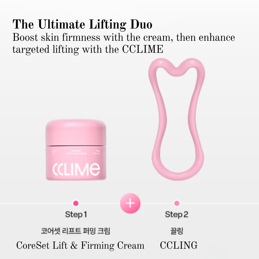 CCLIME CoreSET Lift & Firm Cream (52ml) CCLIME CoreSET Skincare Line Backed by 28 years of CCLIME's esthetic expertise and trusted by over 2 million faces—now your professional skincare routine becomes your everyday home care. CCLIME CoreSET Lift & Firm Cream (52ml) Deep hydration. Visible lift. A collagen-boosting 3D lifting cream that delivers intense moisture and lasting firmness. Key Benefits 5,000 ppm of Coreset Active™ – Exclusive firming formula 5 Elasticity Complex – A blend of five elasticity-boosting ingredients Skin Modulation Tech™ – Advanced 3-step delivery system for enhanced absorption Clinically Tested Dual-functional cosmetic for brightening and wrinkle improvement Dermatologically tested and proven gentle on sensitive skin CCLIME CoreSET Lift & Firm Cream Ingredients WATER, GLYCERIN, PROPANEDIOL, SQUALANE, HYDROGENATED POLY(C6-14 OLEFIN), CETEARYL ALCOHOL, NIACINAMIDE, OCTYLDODECANOL, SIMMONDSIA CHINENSIS (JOJOBA) SEED OIL, GLYCERETH-26, BUTYROSPERMUM PARKII (SHEA) BUTTER, CETYL ETHYLHEXANOATE, CAPRYLYL METHICONE, POLYSORBATE 60, VINYL DIMETHICONE, GLYCERYL STEARATE, PEG-100 STEARATE, 1,2-HEXANEDIOL, AMMONIUM ACRYLOYLDIMETHYLTAURATE/VP COPOLYMER, OLEA EUROPAEA (OLIVE) FRUIT OIL, COCOS NUCIFERA (COCONUT) OIL, HYDROGENATED POLYDECENE, SORBITAN STEARATE, HYDROXYACETOPHENONE, CETEARYL GLUCOSIDE, BUTYLENE GLYCOL, CAFFEINE, FRAGRANCE, ETHYLHEXYLGLYCERIN, SODIUM POLYACRYLATE, OCTYLDODECYL MYRISTATE, HYDROGENATED POLYISOBUTENE, ADENOSINE, DISODIUM EDTA, COPTIS JAPONICA ROOT EXTRACT, OLEYL ALCOHOL, PANTHENOL, CAPRYLYL/CAPRYL GLUCOSIDE, BETA-GLUCAN, HYDROLYZED CORN STARCH, SUCROSE, CAPRYLYL GLYCOL, CYANOCOBALAMIN, COLLAGEN AMINO ACIDS, HYDROGENATED LECITHIN, TOCOPHEROL, ACETYL HEXAPEPTIDE-8, COPPER TRIPEPTIDE-1, PALMITOYL TETRAPEPTIDE-7, NONAPEPTIDE-1, LEUCONOSTOC/RADISH ROOT FERMENT FILTRATE, ANEMARRHENA ASPHODELOIDES ROOT EXTRACT, GLYCINE SOJA (SOYBEAN) SEED EXTRACT, TRIPEPTIDE-1, PALMITOYL PENTAPEPTIDE-4, PALMITOYL TRIPEPTIDE-1, HEXAPEPTIDE-9, RESVERATROL, HYDROLYZED COLLAGEN, PHLORETIN, TETRAHYDROPIPERINE, SODIUM DNA, SAPONINS, HYDROLYZED ELASTIN, ARGININE, MINERAL SALTS, LIMONENE, LINALOOL