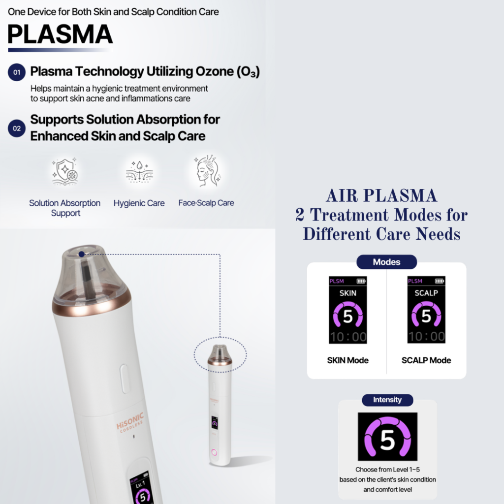 4. FACE & SCALP PLASMA Air Plasma Care for Face & Scalp One device. Two treatment modes. FACE & SCALP PLASMA utilizes air plasma technology for professional facial and scalp care, making it a versatile addition to aesthetic clinics and professional beauty settings. It can be used as part of facial skincare protocols focused on skin cleansing, antibacterial care, circulation support, cellular activity, and enhanced ingredient absorption. The dual-purpose design allows estheticians to use the device for both facial and scalp treatments. The device is also currently supplied in volume to a well-known Korean hair salon franchise, demonstrating its versatility beyond facial skincare. Skin Mode Key Benefits: Antibacterial Care Microcirculation Support Cellular Activation Enhanced Ingredient Absorption Recommended for: Blemish-prone skin Acne-prone skin Skin-revitalizing treatments Brightening-focused skincare protocols Scalp Mode After thoroughly cleansing the scalp, apply the selected scalp ampoule or serum and gently glide the device over the scalp.