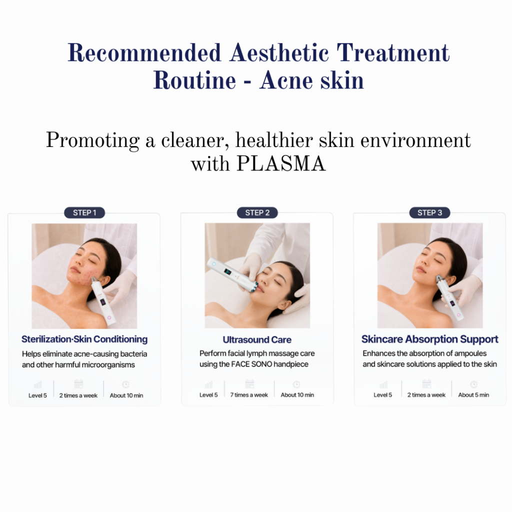 4. FACE & SCALP PLASMA Air Plasma Care for Face & Scalp One device. Two treatment modes. FACE & SCALP PLASMA utilizes air plasma technology for professional facial and scalp care, making it a versatile addition to aesthetic clinics and professional beauty settings. It can be used as part of facial skincare protocols focused on skin cleansing, antibacterial care, circulation support, cellular activity, and enhanced ingredient absorption. The dual-purpose design allows estheticians to use the device for both facial and scalp treatments. The device is also currently supplied in volume to a well-known Korean hair salon franchise, demonstrating its versatility beyond facial skincare. Skin Mode Key Benefits: Antibacterial Care Microcirculation Support Cellular Activation Enhanced Ingredient Absorption Recommended for: Blemish-prone skin Acne-prone skin Skin-revitalizing treatments Brightening-focused skincare protocols Scalp Mode After thoroughly cleansing the scalp, apply the selected scalp ampoule or serum and gently glide the device over the scalp.