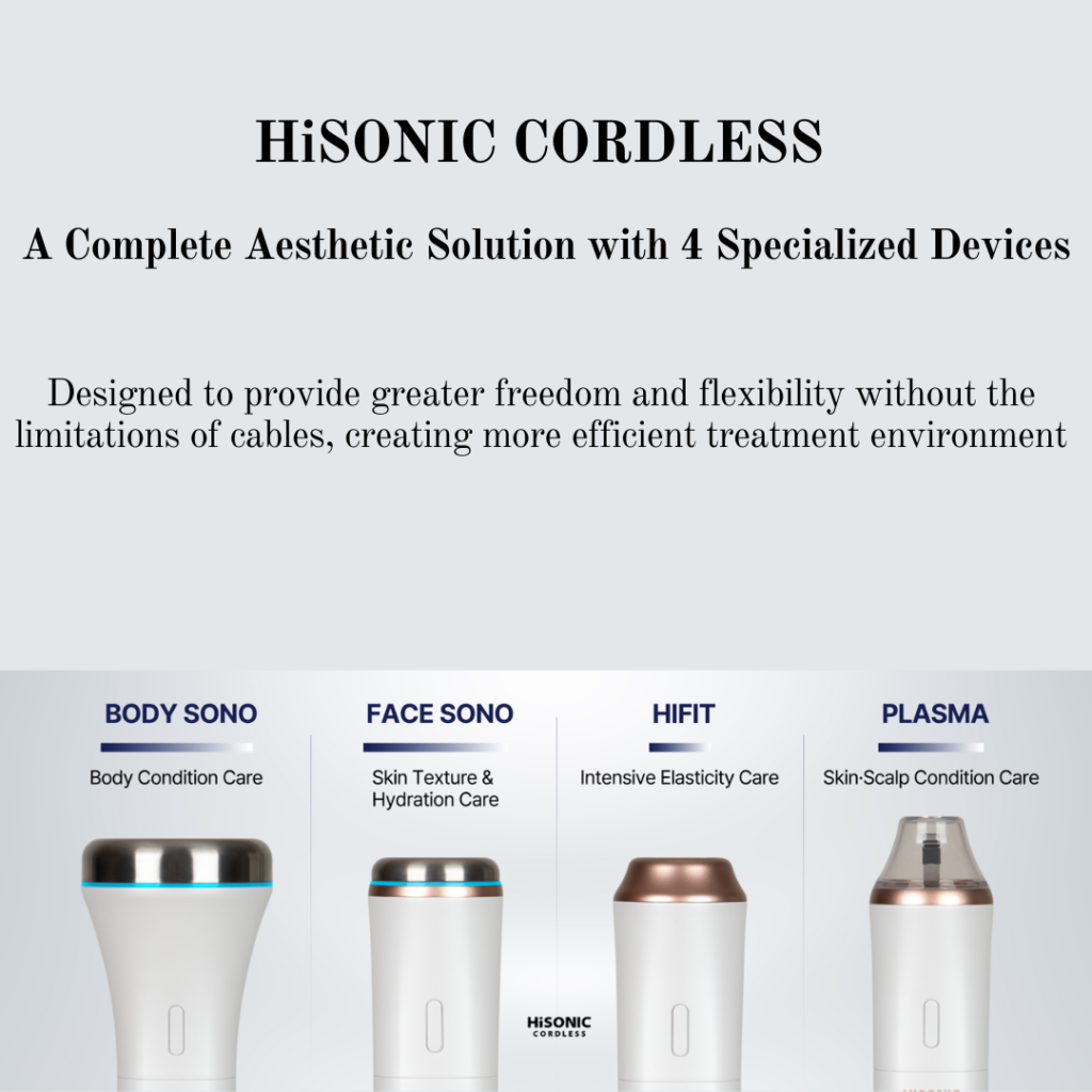 HISONIC CORDLESS Handheld Aesthetic Device - BODY SONO / FACE HIFIT / FACE SONO/ FACE & SCALP PLASMA HISONIC CORDLESS Handheld Aesthetic Device BODY SONO / FACE HIFIT / FACE SONO / FACE & SCALP PLASMA Login to access professional pricing Cosmetic device, beauty appliances Looking for professional aesthetic devices that don’t take up valuable treatment-room space? Already have a multifunctional machine but need a specific treatment function? Looking for a professional device with consistent energy output and reliable performance? Meet the New hiSonic Cordless Series! Designed and manufactured by a Korean company specializing in professional aesthetic devices, the hiSonic Cordless Series combines reliable performance, consistent energy delivery, and space-efficient design in a convenient handheld format. With four specialized options, you can choose the device that best fits your treatment needs without adding another bulky multifunctional machine to your treatment room. 1. BODY SONO Lymphatic & Hydration Care for the Body When performing facial treatments, incorporating lymphatic care around the neck and décolleté can help complete the overall treatment experience. Body lymphatic care can also be a valuable addition to skincare protocols, especially when focusing on congested or problematic-looking skin. Many multifunctional aesthetic machines offer facial ultrasound, but BODY SONO is designed specifically for body and décolleté care. Featuring 1.3 MHz dual alternating frequencies, BODY SONO can be used for both lymphatic care and hydration-focused treatments. Popular for: Lymphatic care Décolleté treatments Hydration-focused body care Puffiness & swelling care Bridal & pre-event treatments How to Use: Lymphatic Care: Apply an appropriate conductive gel and slowly glide the device in the direction of lymphatic flow. Hydration Care: Apply your selected ampoule or serum, then glide the device over the treatment area. 2. FACE HIFIT High-Intensity Frequency Treatment for Firming & Contouring After lymphatic care, take your facial treatment to the next step with HIFIT. FACE HIFIT features 3.0 mm / 4.5 mm dual alternating ultrasound frequencies, designed for professional facial contouring and firming-focused treatments. The device delivers consistent energy output for a controlled and comfortable treatment experience. Recommended for: Facial contour care Firming-focused treatments Lifting & tightening routines Professional facial protocols How to Use: Apply an appropriate conductive gel before treatment and glide the device evenly over the desired treatment area. 3. FACE SONO Korean-Style Ultrasound Hydration Care Korean ultrasound hydration treatments are well known for creating a fresh, hydrated-looking complexion. FACE SONO features four alternating frequencies: 1, 3, 10, and 17 MHz, allowing estheticians to incorporate versatile ultrasound-based protocols into their professional skincare treatments. Recommended for: Hydration-focused facial care Professional serum & ampoule treatments Lymphatic care Korean-inspired glass-skin treatments How to Use: Lymphatic Care: Apply an appropriate conductive gel and slowly glide the device along the desired lymphatic pathways. Facial Hydration Care: Apply your selected ampoule or serum, then glide the device gently over the treatment area. 4. FACE & SCALP PLASMA Air Plasma Care for Face & Scalp One device. Two treatment modes. FACE & SCALP PLASMA utilizes air plasma technology for professional facial and scalp care, making it a versatile addition to aesthetic clinics and professional beauty settings. It can be used as part of facial skincare protocols focused on skin cleansing, antibacterial care, circulation support, cellular activity, and enhanced ingredient absorption. The dual-purpose design allows estheticians to use the device for both facial and scalp treatments. The device is also currently supplied in volume to a well-known Korean hair salon franchise, demonstrating its versatility beyond facial skincare. Skin Mode Key Benefits: Antibacterial Care Microcirculation Support Cellular Activation Enhanced Ingredient Absorption Recommended for: Blemish-prone skin Acne-prone skin Skin-revitalizing treatments Brightening-focused skincare protocols Scalp Mode After thoroughly cleansing the scalp, apply the selected scalp ampoule or serum and gently glide the device over the scalp. Why Choose hiSonic Cordless? Professional Korean Manufacturing Manufactured by a Korean company specializing in professional aesthetic devices. Consistent Energy Output Designed to provide stable and consistent energy delivery during treatments. Cordless & Space-Saving A compact handheld design that helps maximize valuable treatment-room space. Four Specialized Treatment Options Choose from BODY SONO, FACE HIFIT, FACE SONO, and FACE & SCALP PLASMA to complement your existing professional equipment. Perfect for Professional Treatment Rooms An ideal solution for estheticians who already have a multifunctional device but want to add specific treatment capabilities without investing in another large machine.