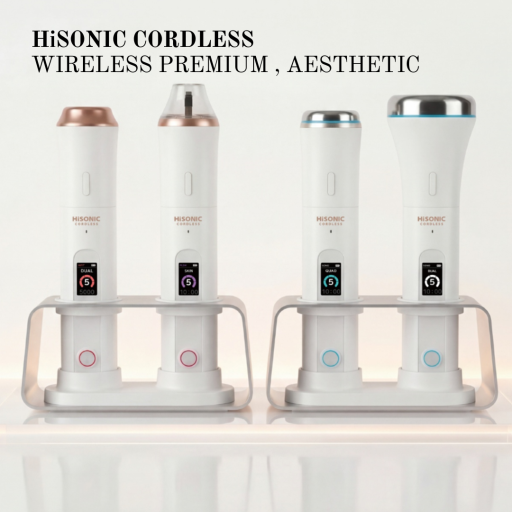 HISONIC CORDLESS Handheld Aesthetic Device - BODY SONO / FACE HIFIT / FACE SONO/ FACE & SCALP PLASMA HISONIC CORDLESS Handheld Aesthetic Device BODY SONO / FACE HIFIT / FACE SONO / FACE & SCALP PLASMA Login to access professional pricing Cosmetic device, beauty appliances Looking for professional aesthetic devices that don’t take up valuable treatment-room space? Already have a multifunctional machine but need a specific treatment function? Looking for a professional device with consistent energy output and reliable performance? Meet the New hiSonic Cordless Series! Designed and manufactured by a Korean company specializing in professional aesthetic devices, the hiSonic Cordless Series combines reliable performance, consistent energy delivery, and space-efficient design in a convenient handheld format. With four specialized options, you can choose the device that best fits your treatment needs without adding another bulky multifunctional machine to your treatment room. 1. BODY SONO Lymphatic & Hydration Care for the Body When performing facial treatments, incorporating lymphatic care around the neck and décolleté can help complete the overall treatment experience. Body lymphatic care can also be a valuable addition to skincare protocols, especially when focusing on congested or problematic-looking skin. Many multifunctional aesthetic machines offer facial ultrasound, but BODY SONO is designed specifically for body and décolleté care. Featuring 1.3 MHz dual alternating frequencies, BODY SONO can be used for both lymphatic care and hydration-focused treatments. Popular for: Lymphatic care Décolleté treatments Hydration-focused body care Puffiness & swelling care Bridal & pre-event treatments How to Use: Lymphatic Care: Apply an appropriate conductive gel and slowly glide the device in the direction of lymphatic flow. Hydration Care: Apply your selected ampoule or serum, then glide the device over the treatment area. 2. FACE HIFIT High-Intensity Frequency Treatment for Firming & Contouring After lymphatic care, take your facial treatment to the next step with HIFIT. FACE HIFIT features 3.0 mm / 4.5 mm dual alternating ultrasound frequencies, designed for professional facial contouring and firming-focused treatments. The device delivers consistent energy output for a controlled and comfortable treatment experience. Recommended for: Facial contour care Firming-focused treatments Lifting & tightening routines Professional facial protocols How to Use: Apply an appropriate conductive gel before treatment and glide the device evenly over the desired treatment area. 3. FACE SONO Korean-Style Ultrasound Hydration Care Korean ultrasound hydration treatments are well known for creating a fresh, hydrated-looking complexion. FACE SONO features four alternating frequencies: 1, 3, 10, and 17 MHz, allowing estheticians to incorporate versatile ultrasound-based protocols into their professional skincare treatments. Recommended for: Hydration-focused facial care Professional serum & ampoule treatments Lymphatic care Korean-inspired glass-skin treatments How to Use: Lymphatic Care: Apply an appropriate conductive gel and slowly glide the device along the desired lymphatic pathways. Facial Hydration Care: Apply your selected ampoule or serum, then glide the device gently over the treatment area. 4. FACE & SCALP PLASMA Air Plasma Care for Face & Scalp One device. Two treatment modes. FACE & SCALP PLASMA utilizes air plasma technology for professional facial and scalp care, making it a versatile addition to aesthetic clinics and professional beauty settings. It can be used as part of facial skincare protocols focused on skin cleansing, antibacterial care, circulation support, cellular activity, and enhanced ingredient absorption. The dual-purpose design allows estheticians to use the device for both facial and scalp treatments. The device is also currently supplied in volume to a well-known Korean hair salon franchise, demonstrating its versatility beyond facial skincare. Skin Mode Key Benefits: Antibacterial Care Microcirculation Support Cellular Activation Enhanced Ingredient Absorption Recommended for: Blemish-prone skin Acne-prone skin Skin-revitalizing treatments Brightening-focused skincare protocols Scalp Mode After thoroughly cleansing the scalp, apply the selected scalp ampoule or serum and gently glide the device over the scalp. Why Choose hiSonic Cordless? Professional Korean Manufacturing Manufactured by a Korean company specializing in professional aesthetic devices. Consistent Energy Output Designed to provide stable and consistent energy delivery during treatments. Cordless & Space-Saving A compact handheld design that helps maximize valuable treatment-room space. Four Specialized Treatment Options Choose from BODY SONO, FACE HIFIT, FACE SONO, and FACE & SCALP PLASMA to complement your existing professional equipment. Perfect for Professional Treatment Rooms An ideal solution for estheticians who already have a multifunctional device but want to add specific treatment capabilities without investing in another large machine.