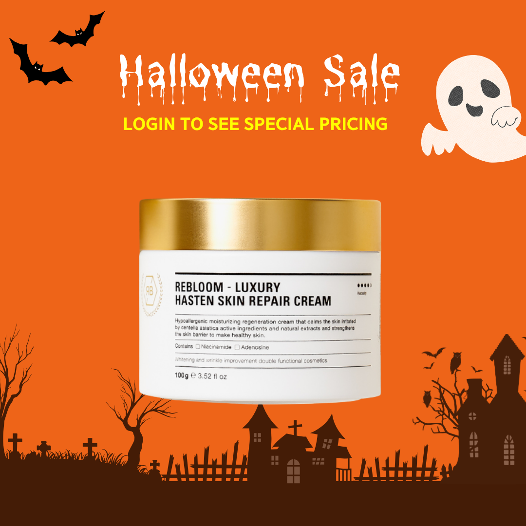 Halloween Sale_Rebloom Luxury Hasten Skin Repair Cream (100g) 1231 Rebloom Luxury Hasten Skin Repair Cream (100g) Key Benefits Helps strengthen the skin’s natural protective barrier Contains a standardized amount of Centella Asiatica extract Formulated with naturally derived ingredients for firm, resilient skin Recommended For Skin Types Dry skin Sensitive or delicate skin Rough, dull, and dehydrated skin Weakened or stressed skin Post-treatment care after extraction, laser treatments, chemical peels, or microneedling Features & Highlights Gentle Balance Care Cream Mild yet effective formula designed for daily skin comfort Triple Skin-Protecting Ingredients Formulated with Ceramide NP, Allantoin, and Dipotassium Glycyrrhizate to help protect and soothe the skin Centella Asiatica Extract Contains a standardized amount to support skin calming and repair Brightening & Anti-Wrinkle Dual Functional Formula Powered by Niacinamide and Adenosine Rich in Natural Ingredients Generously infused with premium botanical extracts including: Gold Powder, Borage Seed Oil, Wheat Sprout Extract, Soybean Extract, Sophora Japonica Extract, Broccoli Sprout Extract, Magnolia Sprout Extract, and Green Tea Extract Rebloom Luxury Hasten Skin Repair Cream (100g) Water, Butylene Glycol, Glycerin, Beta-Glucan, C14-22 Alcohols, C12-20 Alkyl Glucoside, Grape Seed Oil, Squalane, Caprylic/Capric Triglyceride, Niacinamide, Beeswax, 1,2-Hexanediol, Centella Asiatica Extract, Gold Powder, Borage Seed Oil, Wheat Sprout Extract, Broccoli Sprout Extract, Soybean Sprout Extract, Clove Sprout Extract, Sophora Japonica Sprout Extract, Magnolia Sprout Extract, Green Tea Extract, Tocopheryl Acetate, Allantoin, Dipotassium Glycyrrhizate, Panthenol, Ceramide NP, Asiaticoside, Asiatic Acid, Madecassic Acid, Sodium Hyaluronate, Dimethicone, Polysorbate 60, Sorbitan Stearate, Polyacrylate-13, Polyisobutene, Polysorbate 20, Arginine, Carbomer, Adenosine, Fragrance For cosmetic use only. Topical skincare use only. Not intended to diagnose, treat, cure, or prevent any disease